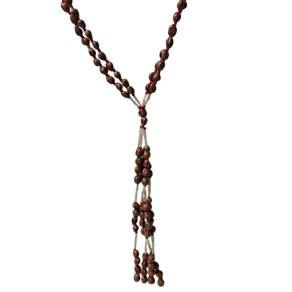 Boho Wooden Beaded Tassel Necklace Red Accent Beads Natural Fashion Jewelry - Picture 1 of 5
